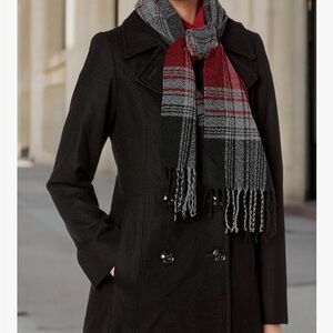 London Fog Double Breasted Peacoat with Plaid Scarf included